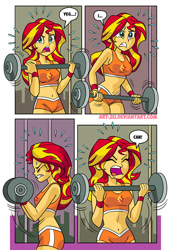 Size: 598x851 | Tagged: safe, artist:art-2u, sunset shimmer, comic:gym partners, equestria girls, belly button, breasts, clothes, comic, eyes closed, female, midriff, open mouth, shorts, solo, sports bra, sports shorts, sweat, weight lifting, weights, workout, workout outfit, wristband