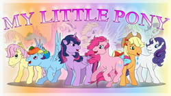 Size: 1024x573 | Tagged: dead source, safe, artist:theshadowstone, derpibooru import, applejack, applejack (g1), firefly, fluttershy, pinkie pie, posey, rainbow dash, rarity, sparkler (g1), surprise, twilight, twilight sparkle, twilight sparkle (alicorn), alicorn, earth pony, pegasus, pony, unicorn, g1, g4, bow, female, g1 six, g4 to g1, generation leap, hair bow, mane six, mare, tail bow, title drop, vector, wallpaper