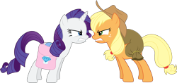 Size: 8020x3776 | Tagged: safe, artist:stillfire, applejack, rarity, earth pony, pony, unicorn, absurd resolution, angry, bag, saddle bag, scrunchy face, simple background, transparent background, vector