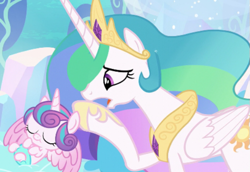 Size: 565x389 | Tagged: safe, screencap, princess celestia, princess flurry heart, alicorn, pony, the crystalling, auntlestia, cute, worried