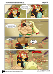 Size: 1132x1578 | Tagged: safe, artist:atariboy2600, artist:bluecarnationstudios, applejack, sunset shimmer, comic:the amazonian effect, comic:the amazonian effect iii, equestria girls, applejacked, bearhug, canterlot high, clothes, muscles, overdeveloped muscles