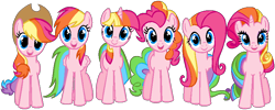 Size: 843x337 | Tagged: safe, artist:colossalstinker, color edit, derpibooru import, applejack, fluttershy, pinkie pie, rainbow dash, rarity, twilight sparkle, earth pony, pegasus, pony, unicorn, g3, g3 to g4, generation leap, hugpony poses, mane six, palette swap