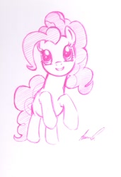 Size: 739x1082 | Tagged: safe, artist:aarong3, pinkie pie, earth pony, pony, cute, doodle, grin, monochrome, pen, rearing, sketch, smiling, solo