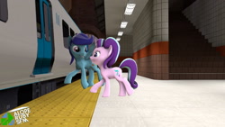 Size: 1920x1080 | Tagged: safe, artist:alope ruby aspendale, starlight glimmer, oc, oc:sierra nightingale, pegasus, pony, unicorn, door, female, food, glimmgale, male, mare, metro trains melbourne, railway platform, railway station, stallion, suburban train, subway, subway station, train, train station, walking, wings, x'trapolis 100