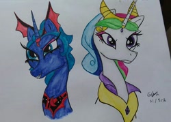 Size: 852x609 | Tagged: safe, artist:lizzyisme, idw, princess celestia, princess luna, alicorn, pony, bust, dark mirror universe, duo, evil celestia, evil counterpart, evil luna, evil sisters, portrait, traditional art