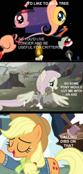 Size: 824x1713 | Tagged: safe, derpibooru import, edit, edited screencap, screencap, applejack, fluttershy, pinkie pie, rainbow dash, twilight sparkle, duck, earth pony, ferret, mouse, pegasus, pony, rabbit, squirrel, best gift ever, over a barrel, the hooffields and mccolts, axe, candle, caption, comic, critters, edgy, hug, smug, text, train, tree, tree stump, weapon, winghug