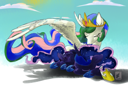 Size: 1600x1067 | Tagged: safe, artist:roark030, princess celestia, princess luna, alicorn, pony, hug, prone, royal sisters, sleeping, wing umbrella, winghug