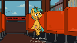 Size: 3840x2160 | Tagged: safe, artist:pirill, derpy hooves, snails, pony, unicorn, atg 2018, bus, caption, city, cloud, dialogue, i'm in danger, lamppost, male, meme, newbie artist training grounds, open mouth, ponified meme, ralph wiggum, seat, sitting, solo, text, the simpsons, when you see it, window