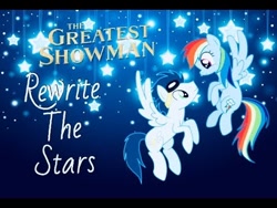 Size: 480x360 | Tagged: safe, derpibooru import, rainbow dash, soarin', pegasus, pony, female, male, rewrite the stars, shipping, soarindash, straight, text, the greatest showman