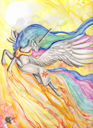 Size: 900x1238 | Tagged: safe, artist:lord-furfur, princess celestia, alicorn, pony, flying, solo, sun, traditional art, watercolor painting