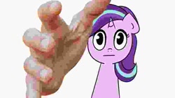 Size: 768x432 | Tagged: safe, starlight glimmer, human, pony, unicorn, creepy, cursed emoji, female, hand, looking at you, mare, meme, needs more jpeg, simple background, solo, vibe check, white background