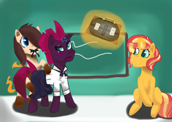 Size: 4960x3508 | Tagged: safe, artist:maddox3310, sunset shimmer, tempest shadow, oc, oc:mii, pony, clothes, digital art, group, school bag, school uniform, thailandponycon 2019