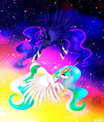 Size: 2348x2756 | Tagged: safe, artist:minelvi, princess celestia, princess luna, alicorn, pony, flying, royal sisters, stars