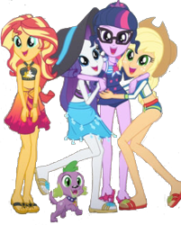 Size: 1644x2048 | Tagged: safe, edit, edited screencap, editor:php77, screencap, applejack, rarity, sci-twi, spike, spike the regular dog, sunset shimmer, twilight sparkle, dog, better together, equestria girls, forgotten friendship, bad edit, clothes, not a vector, spike's dog collar, swimsuit