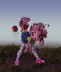 Size: 896x1054 | Tagged: safe, artist:holivi, artist:v747, pinkie pie, anthro, earth pony, collaboration, 3d, ball, bent over, clothes, converse, denim skirt, female, mare, shoes, skirt, skirt lift, sneakers, socks, solo, striped socks, suspenders, thigh highs