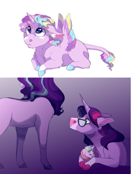 Size: 2000x2664 | Tagged: safe, artist:uunicornicc, sci-twi, starlight glimmer, twilight sparkle, oc, oc:sterling glimmer, alicorn, pony, unicorn, equestria girls, alicorn oc, baby, baby pony, chest fluff, cloven hooves, equestria girls ponified, female, glasses, lesbian, magical lesbian spawn, mare, offspring, parent:sci-twi, parent:starlight glimmer, parent:twilight sparkle, parents:twistarlight, ponified humanized pony, scitwistarlight, shipping, twistarlight, unicorn sci-twi