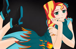 Size: 1600x1049 | Tagged: safe, artist:anonix123, sunset shimmer, human, clothes, dress, female, fiery shimmer, humanized, smiling, solo