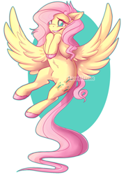 Size: 868x1200 | Tagged: safe, artist:lacedharlot, fluttershy, pegasus, pony, abstract background, colored hooves, cute, flying, shyabetes, solo, watermark