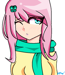 Size: 478x549 | Tagged: safe, artist:natchatrolling, fluttershy, human, clothes, humanized, scarf, solo, sweatershy