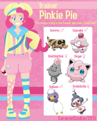 Size: 700x875 | Tagged: safe, artist:caramelcookie, gummy, pinkie pie, human, jigglypuff, clothes, crossover, drifloon, hat, humanized, mime jr., pokéball, pokémon, pokémon team, pokémon trainer, sandile, shorts, slurpuff, spoink