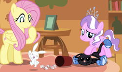 Size: 999x592 | Tagged: safe, artist:magerblutooth, angel bunny, diamond tiara, fluttershy, oc, oc:dazzle, cat, pegasus, pony, dice, yahtzee (game)