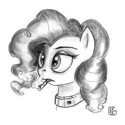 Size: 960x960 | Tagged: safe, artist:gela-g-i-s-gela, pinkie pie, earth pony, pony, cigarette, grayscale, monochrome, simple background, smoking, solo, traditional art