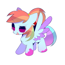 Size: 1181x1181 | Tagged: safe, artist:phobiaowl, derpibooru import, rainbow dash, pegasus, pony, alternate hairstyle, chest fluff, chibi, cute, dashabetes, ear fluff, female, mare, no pupils, open mouth, ponytail, simple background, solo, two toned wings, white background