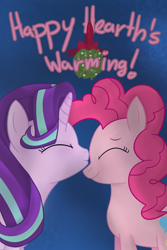 Size: 1500x2250 | Tagged: safe, artist:rasmustom, pinkie pie, starlight glimmer, earth pony, pony, unicorn, /mlp/, 4chan, christmas, eyes closed, female, glimmerpie, hearth's warming eve, holiday, lesbian, mistletoe, postcard, secret santa, shipping, simple background, smooch