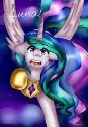 Size: 834x1200 | Tagged: safe, artist:alliedrawsart, princess celestia, alicorn, pony, crying, floppy ears, flying, looking at you, reaching, solo