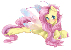 Size: 1024x716 | Tagged: safe, artist:toskurra, fluttershy, breezie, blushing, breeziefied, flutterbreez, looking at you, prone, simple background, solo, species swap, unshorn fetlocks