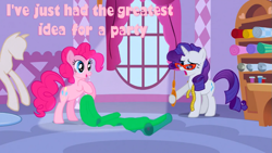 Size: 1005x565 | Tagged: safe, screencap, pinkie pie, rarity, earth pony, pony, unicorn, fabric, image macro, meme, pink text