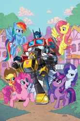 Size: 755x1147 | Tagged: safe, artist:andrew griffith, derpibooru import, idw, applejack, fluttershy, pinkie pie, rainbow dash, rarity, twilight sparkle, twilight sparkle (alicorn), alicorn, earth pony, pegasus, pony, unicorn, autobot, bumblebee, cancelled, cloud, epic in hindsight, female, jazz, mane six, mare, optimus prime, ponyville, transformers, unreleased, what could have been, what will be