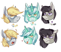 Size: 2700x2300 | Tagged: safe, artist:corporalvortex, derpy hooves, lyra heartstrings, octavia melody, earth pony, pegasus, pony, unicorn, ;p, angry, bedroom eyes, coat markings, cross-eyed, cross-popping veins, expressions, facial expressions, female, flirty, front view, heart, mare, octavia is not amused, one eye closed, open mouth, practice drawing, serious, serious face, side view, simple background, star (coat marking), surprised, tongue out, transparent background, unamused, wink
