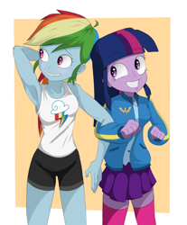 Size: 910x1100 | Tagged: safe, artist:hazepeach, derpibooru import, rainbow dash, twilight sparkle, equestria girls, armpits, clothes, female, jacket, lesbian, miniskirt, pleated skirt, shipping, shorts, skirt, smiling, socks, thigh highs, twidash, zettai ryouiki