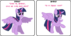 Size: 750x380 | Tagged: safe, derpibooru import, twilight sparkle, twilight sparkle (alicorn), alicorn, pony, bored, female, frown, glare, grin, mare, monday, raised hoof, smiling, spread wings