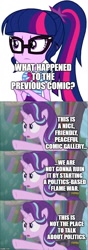 Size: 500x1418 | Tagged: safe, edit, edited screencap, screencap, sci-twi, starlight glimmer, twilight sparkle, equestria girls, breaking the fourth wall, comic, screencap comic