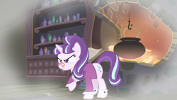 Size: 1280x720 | Tagged: safe, screencap, snowfall frost, starlight glimmer, pony, unicorn, a hearth's warming tail, book, cauldron, fireplace, solo