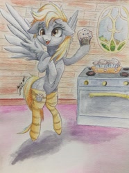 Size: 2618x3525 | Tagged: safe, artist:galinn-arts, derpy hooves, bipedal, clothes, cute, derpabetes, floppy ears, food, hoof hold, muffin, oven, signature, smiling, socks, solo, striped socks, traditional art, watercolor painting