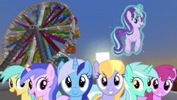 Size: 1334x750 | Tagged: safe, artist:bluemeganium, edit, editor:topsangtheman, berry punch, berryshine, cloud kicker, lyra heartstrings, minuette, sea swirl, seafoam, starlight glimmer, sunshower raindrops, earth pony, pegasus, pony, unicorn, ferris wheel, game screencap, levitation, looking at you, magic, minecraft, photoshop, sunset, telekinesis