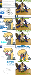 Size: 1562x3760 | Tagged: safe, artist:jitterbugjive, derpy hooves, doctor whooves, pony, ask, blushing, clothes, featureless crotch, goggles, lamp, lovestruck derpy, necktie, piledriver, socks, striped socks, table, tumblr