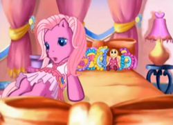 Size: 651x470 | Tagged: safe, screencap, pinkie pie, human, g3, bed, doll, starsong and the magic dance shoes