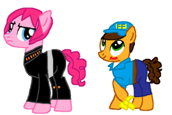 Size: 676x454 | Tagged: safe, artist:broadwayunicorn123, cheese sandwich, pinkie pie, earth pony, pony, alternate hairstyle, calhoun, clothes, cosplay, costume, crossover, female, fix-it felix jr., male, mare, simple background, stallion, white background, wreck-it ralph