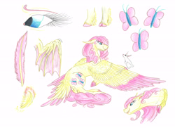 Size: 7014x5100 | Tagged: safe, artist:dawn22eagle, angel bunny, fluttershy, pegasus, pony, rabbit, absurd resolution, bat wings, element of kindness, fangs, feather, fluttershy's cutie mark, headcanon, tail feathers, wings