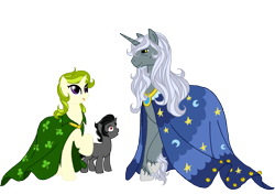 Size: 3485x2460 | Tagged: safe, artist:westphalianartist, derpibooru import, clover the clever, king sombra, star swirl the bearded, pony, unicorn, ancient, beard, clothes, clover, colt, female, foal, hatless, headcanon, missing accessory, mother and child, mother and son, older, parent and child, robe, robes, simple background, son, teacher, transparent background, younger