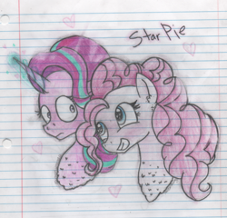 Size: 776x746 | Tagged: safe, artist:abbi--arson, pinkie pie, starlight glimmer, earth pony, pony, bust, female, glimmerpie, lesbian, lined paper, magic, portrait, shipping, traditional art