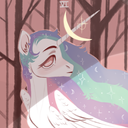 Size: 1222x1219 | Tagged: safe, artist:kapusha-blr, princess celestia, alicorn, pony, moon, roman numerals, solo, sparkles, tree