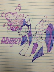 Size: 956x1280 | Tagged: safe, artist:shacklefunk, derpibooru import, twilight sparkle, twilight sparkle (alicorn), alicorn, pony, female, lined paper, magic, mare, partial color, solo, traditional art