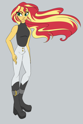 Size: 4000x6000 | Tagged: safe, artist:puddingskinmcgee, derpibooru exclusive, sunset shimmer, human, equestria girls, boots, clothes, female, hand on hip, shoes, simple background, sleeveless, solo, windswept hair, wip