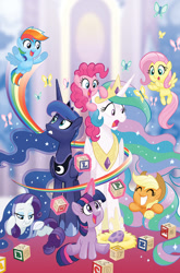 Size: 755x1147 | Tagged: safe, artist:tonyfleecs, derpibooru import, idw, applejack, fluttershy, pinkie pie, princess celestia, princess luna, rainbow dash, rarity, twilight sparkle, twilight sparkle (alicorn), alicorn, butterfly, earth pony, pegasus, pony, unicorn, spoiler:comic, spoiler:comicidw2020, blocks, cover, cute, dashabetes, diapinkes, egg, ethereal mane, eyes closed, female, filly, filly applejack, filly fluttershy, filly pinkie pie, filly rainbow dash, filly rarity, filly twilight sparkle, foal, freckles, hat, jackabetes, magic, mane six, mare, maternaluna, momlestia, nursery, open mouth, rainbow trail, raribetes, royal sisters, shyabetes, smiling, speed trail, spike's egg, starry mane, telekinesis, tony fleecs is trying to murder us, twiabetes, weapons-grade cute, wrong eye color, younger