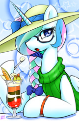 Size: 516x800 | Tagged: safe, artist:aoi takayuki, princess celestia, alicorn, pony, alternate hairstyle, braid, clothes, eating, food, glasses, hat, ice cream, looking at you, sleeveless turtleneck, solo, sweater, turtleneck, watch